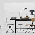 Modern Desk With Typewriter Books Table Lamp And Chairs In Minimalist Setup