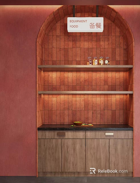 Elegant Wooden Sideboard With Red Brick Tile Background And Marble Countertop 3d model 