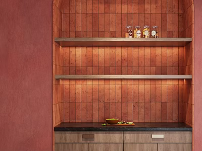 Elegant Wooden Sideboard With Red Brick Tile Background And Marble Countertop 3d model
