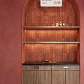 Elegant Wooden Sideboard With Red Brick Tile Background And Marble Countertop