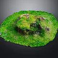 Round Green Grass Area With Wooden Stump And Stone Features Covered In Moss