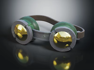Protective Goggles With Green Frame Gold Lenses Gray Edges And Brown Strap 3d model