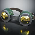 Protective Goggles With Green Frame Gold Lenses Gray Edges And Brown Strap