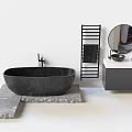 Modern Black Oval Stone Bathtub on Gray Stone Platform with Black Faucet