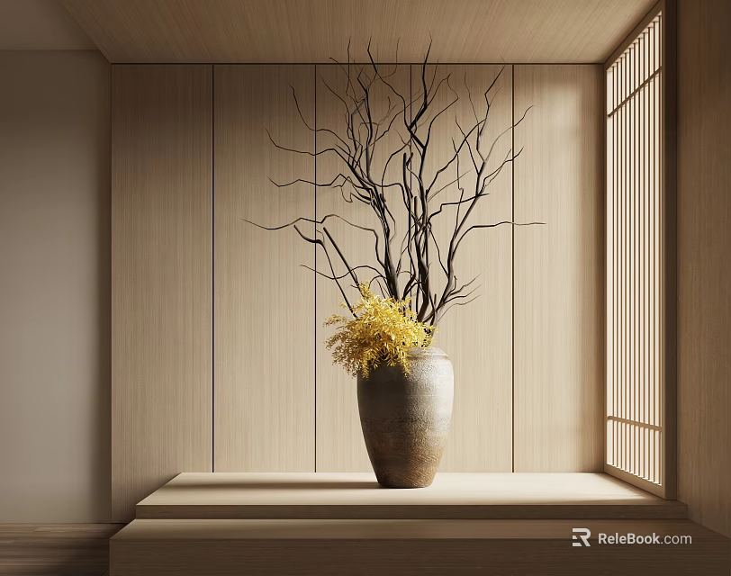 Minimalist Ceramic Vase With Yellow Flowers On Wooden Shelf Natural Light Interior Decor 3d model 