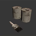 Vintage Rusty Metal Buckets With Weathered Old Paintbrush On White Background
