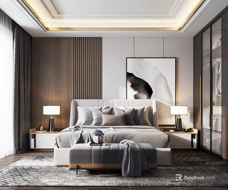 Modern Bedroom Interior Design With Platform Bed Nightstands Table Lamps And Decorative Painting 3d model 
