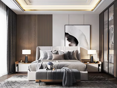 Modern Bedroom Interior Design With Platform Bed Nightstands Table Lamps And Decorative Painting 3d model