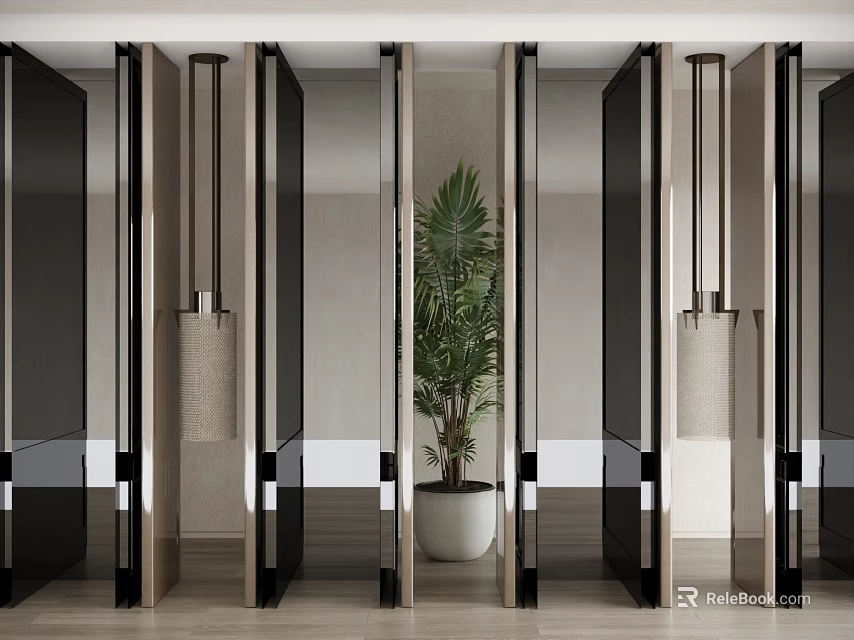 Modern Glass Room Divider With Metal Frames And Potted Palm In Interior Space 3d model 