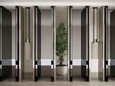Modern Glass Room Divider With Metal Frames And Potted Palm In Interior Space 3d model