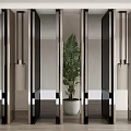 Modern Glass Room Divider With Metal Frames And Potted Palm In Interior Space