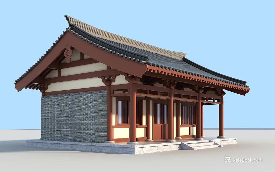 Traditional Chinese Ancient Building With Eaves Roof Stone Brick Wall And Wooden Structure 3d model 