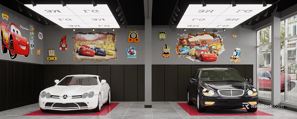 Car Dealership Service Center With Cartoon Car Wall Decals Parked Cars And Service Bays 3d model 