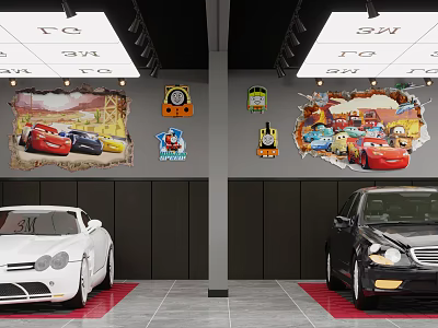 Car Dealership Service Center With Cartoon Car Wall Decals Parked Cars And Service Bays 3d model