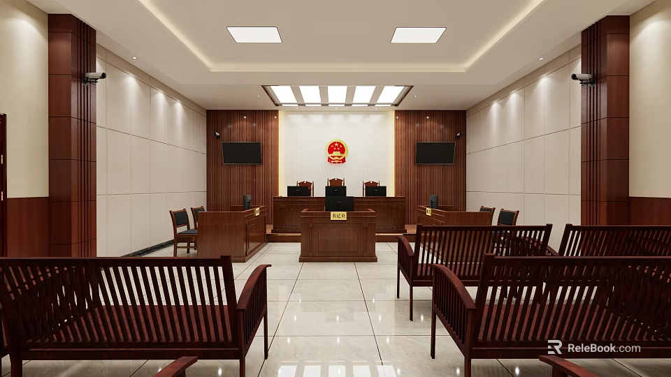Modern Courtroom Interior With Judge's Bench Audience Chairs Wooden Furniture And National Emblem 3d model 