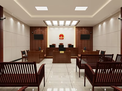 Modern Courtroom Interior With Judge's Bench Audience Chairs Wooden Furniture And National Emblem 3d model