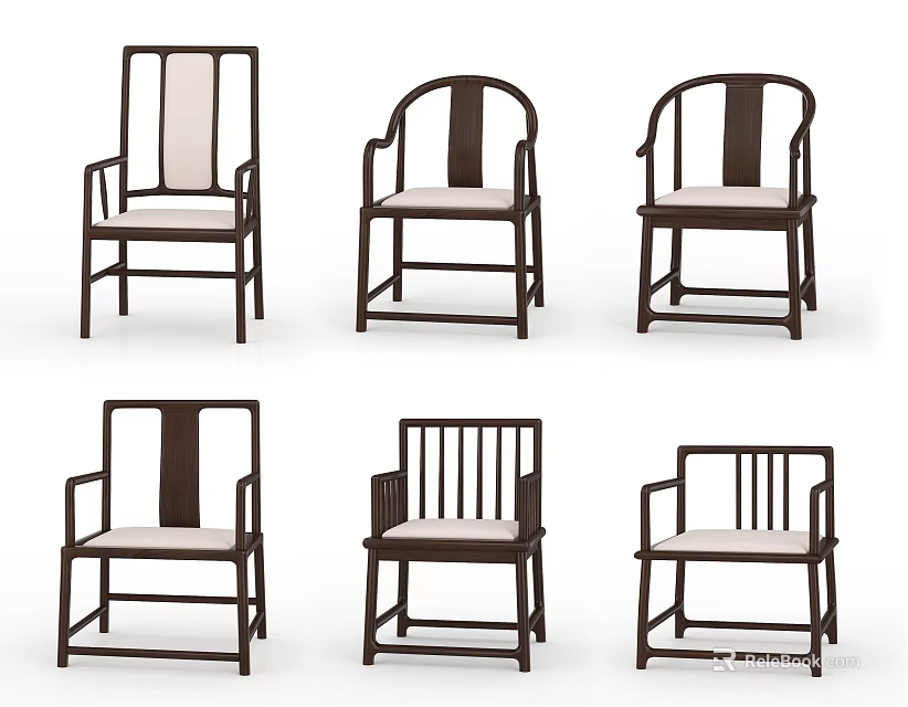 Classic Chinese Style Armchairs With Various Designs Dark Wood Frames And Light Upholstery 3d model 