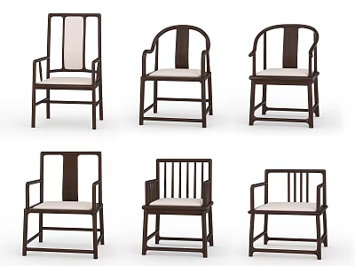 Classic Chinese Style Armchairs With Various Designs Dark Wood Frames And Light Upholstery 3d model