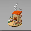 Miniature House Model With Red Roof Two Characters Fence Bird Green Plants And Cloud Decorations