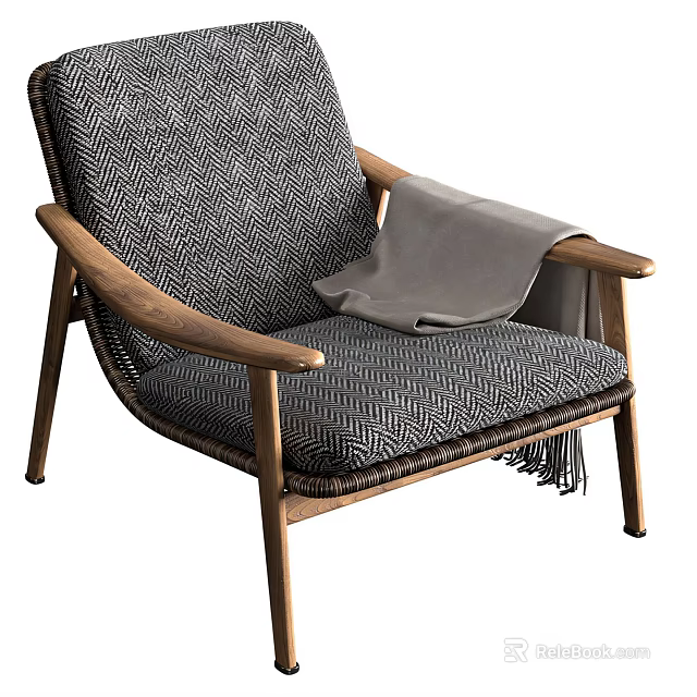 Modern Single Sofa With Wooden Armrests Woven Texture Cushion And Gray Blanket 3d model 