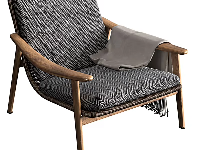 Modern Single Sofa With Wooden Armrests Woven Texture Cushion And Gray Blanket 3d model