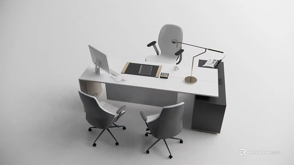 Modern Office Desk with Computer Monitor Desk Lamp and Three Office Chairs 3d model 