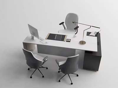 Modern Office Desk with Computer Monitor Desk Lamp and Three Office Chairs 3d model