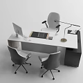 Modern Office Desk with Computer Monitor Desk Lamp and Three Office Chairs