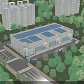 Modern Industrial Factory Building With Blue Roof Green Trees Surrounding Roads And Urban Buildings