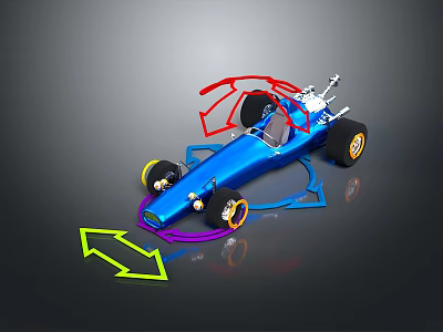 Blue Racing Car Model with Red Frame Black Wheels and Colorful Arrows 3d model