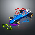 Blue Racing Car Model with Red Frame Black Wheels and Colorful Arrows