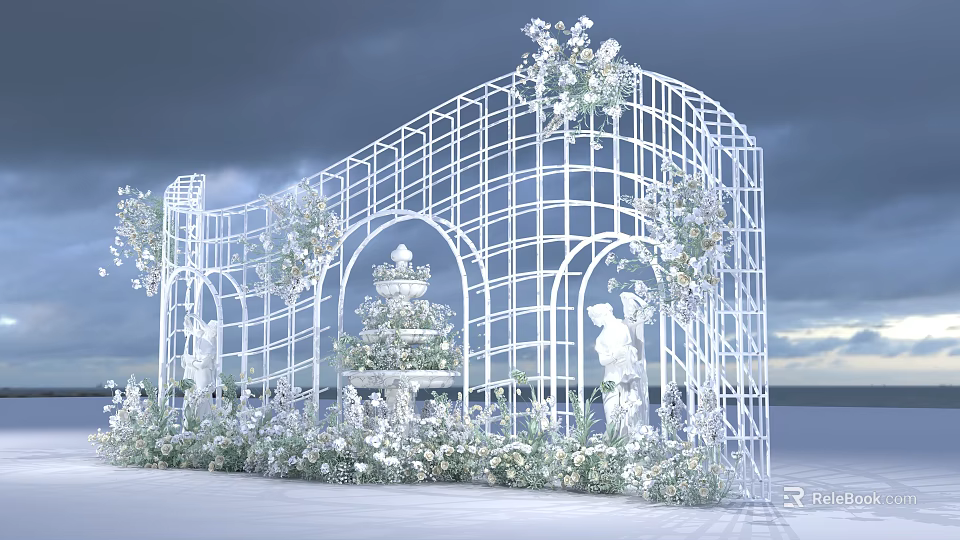 Elegant White Metal Grid Arch Photo Spot With Flowers Fountain Statues And Sea View 3d model 