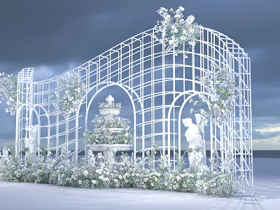 Elegant White Metal Grid Arch Photo Spot With Flowers Fountain Statues And Sea View 3d model
