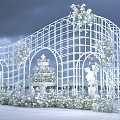 Elegant White Metal Grid Arch Photo Spot With Flowers Fountain Statues And Sea View