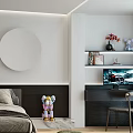 Modern Bedroom Interior Design With Cozy Bed Wooden Floor And Round Decorative Art
