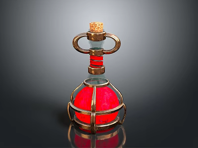 Decorative Glass Bottle With Golden Metal Frame Red Spherical Body And Cork Stopper 3d model