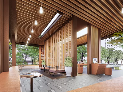 Wooden Pergola Structure With Ceiling Lighting Greenery Stone Floor And Seating Area 3d model