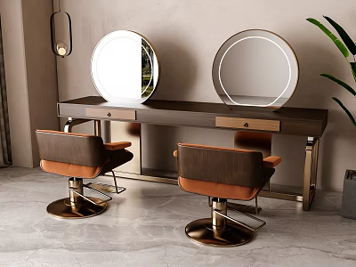 Modern Salon Vanity With Two Round Mirrors And Barber Chairs Setup 3d model