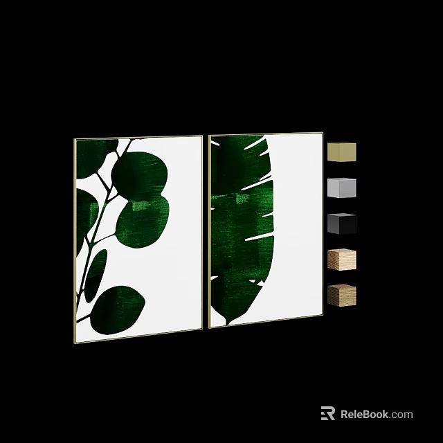 Two Piece Green Leaf Botanical Prints With Golden Frame And Multiple Color Options 3d model 