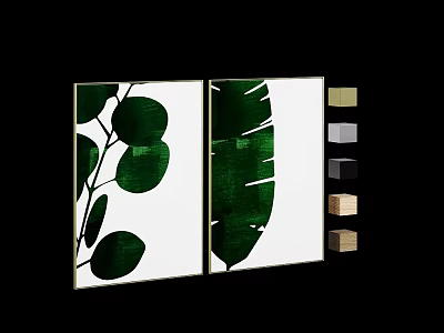 Two Piece Green Leaf Botanical Prints With Golden Frame And Multiple Color Options 3d model