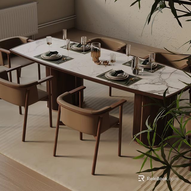 Modern Dining Table Set Featuring Marble Top Brown Armrest Chairs Tableware and Green Plants 3d model 