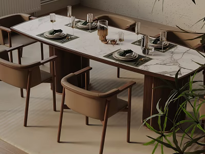 Modern Dining Table Set Featuring Marble Top Brown Armrest Chairs Tableware and Green Plants 3d model