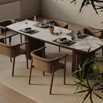 Modern Dining Table Set Featuring Marble Top Brown Armrest Chairs Tableware and Green Plants 3d model