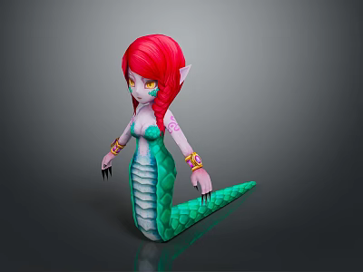3D Fantasy Character With Red Hair Elf Ears Pink Tattoos And Green Scaled Snake Tail 3d model