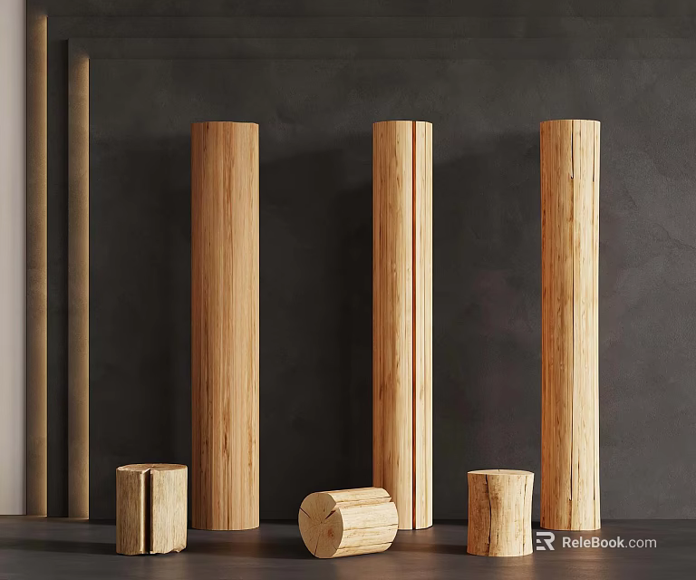 Natural Wooden Cylindrical Pillars Arranged With Small Stumps On Dark Wall Background 3d model 