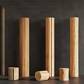 Natural Wooden Cylindrical Pillars Arranged With Small Stumps On Dark Wall Background