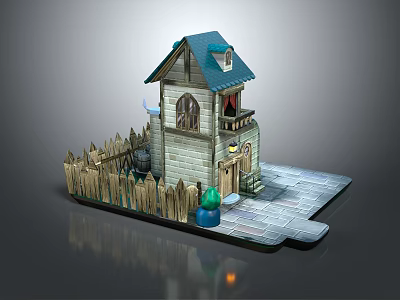 Cartoon Scene with Charming House Blue Roof Stone Walls Wooden Fence and Green Porch Decor 3d model