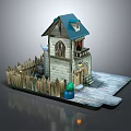 Cartoon Scene with Charming House Blue Roof Stone Walls Wooden Fence and Green Porch Decor