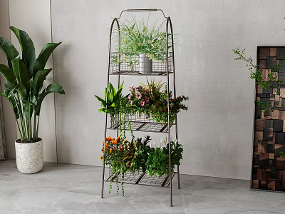 Multi tiered Metal Plant Stand With Various Green Plants And Indoor Decor 3d model