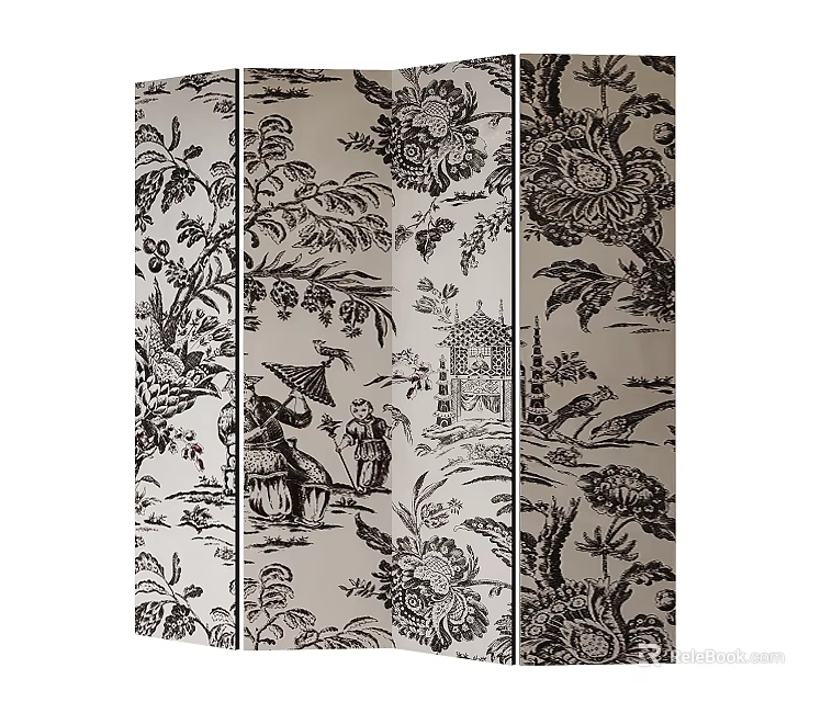 Traditional Chinese Screen With Hand Painted Floral And Figure Designs 3d model 